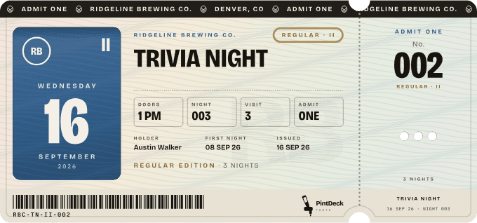 A Trivia Night ticket from Ridgeline Brewing Co., Regular edition, No. 002
