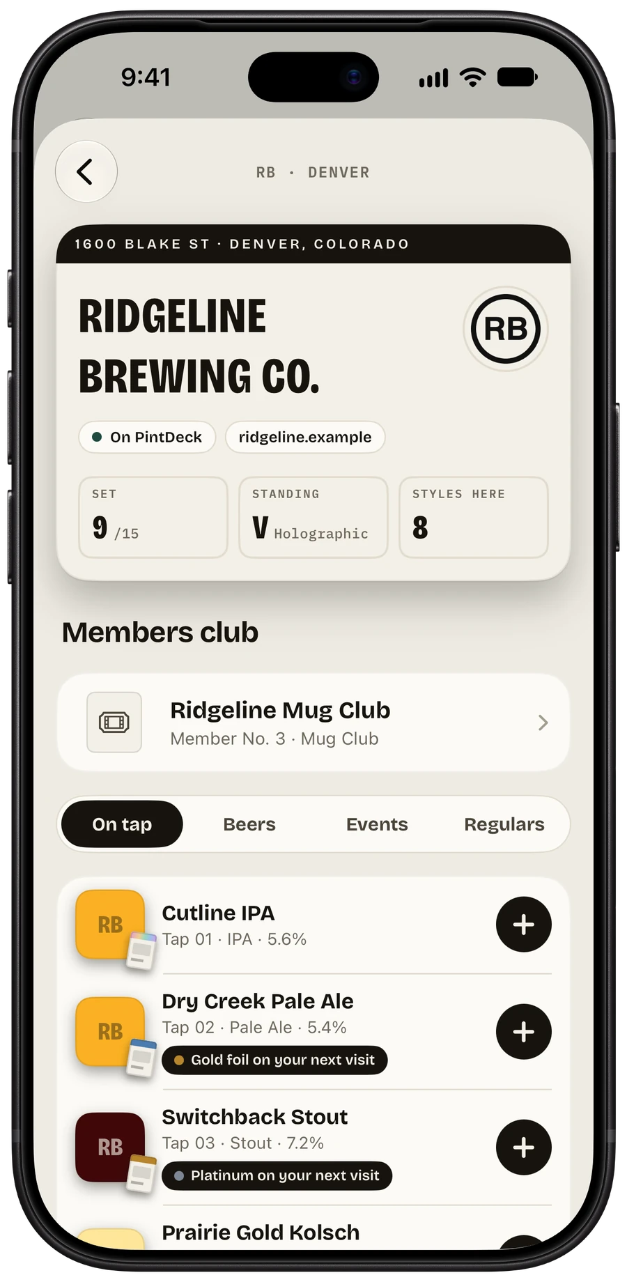 Ridgeline Brewing Co. in PintDeck Taste: set 9 of 15 and the tap list with Gold foil and Platinum on the next visit