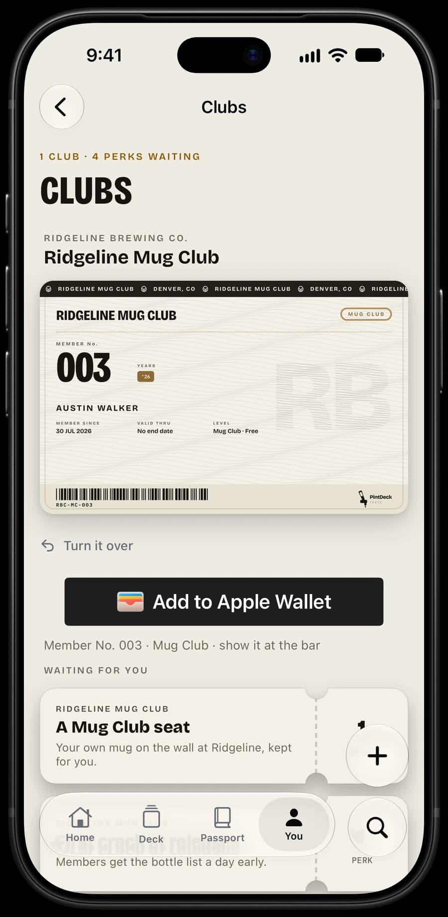 Clubs in PintDeck Taste: the Ridgeline Mug Club card, Add to Apple Wallet, and four perks waiting