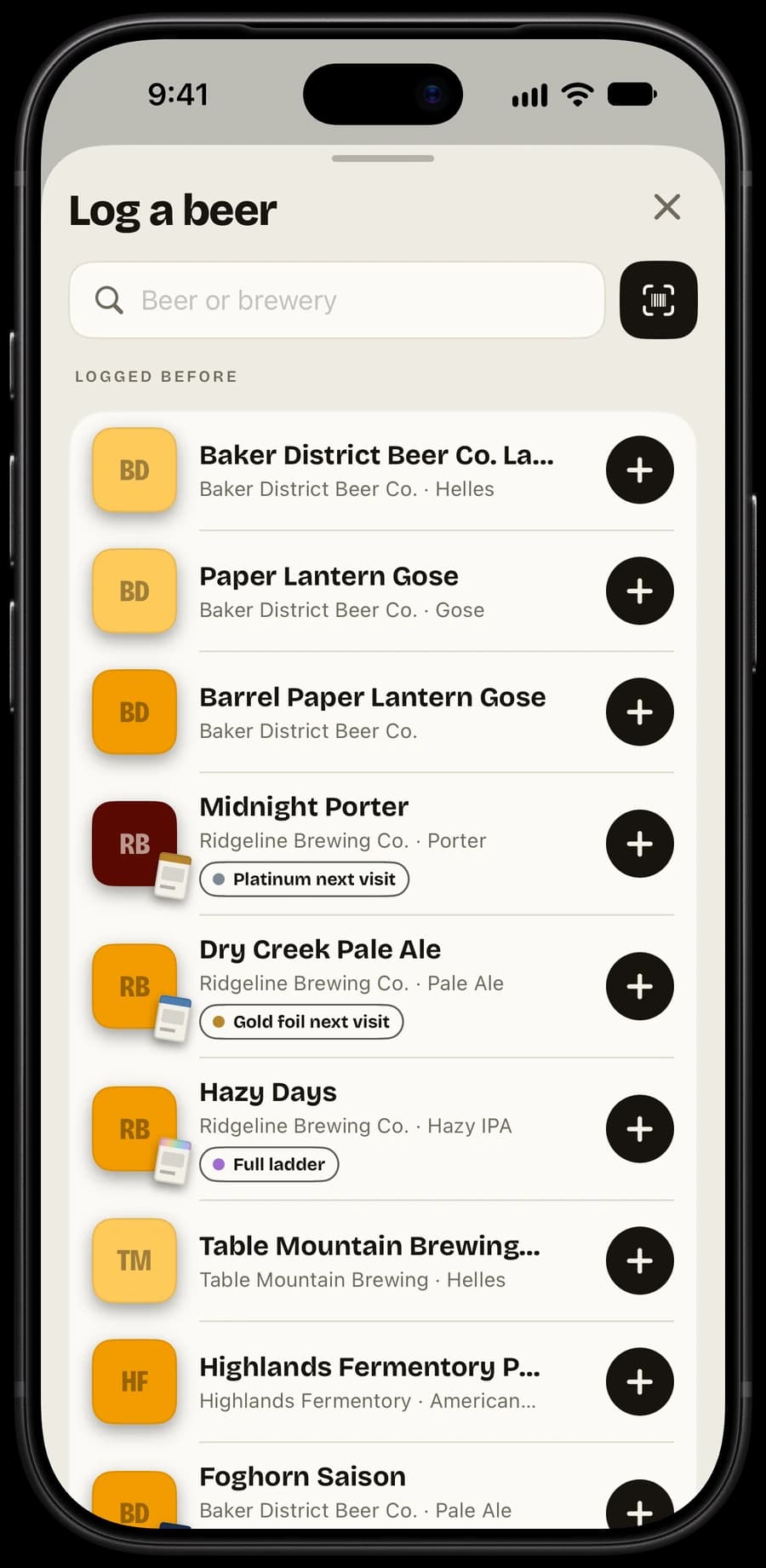 Log a beer in PintDeck Taste: beers logged before, with Midnight Porter printing Platinum and Dry Creek Pale Ale printing Gold foil on the next visit