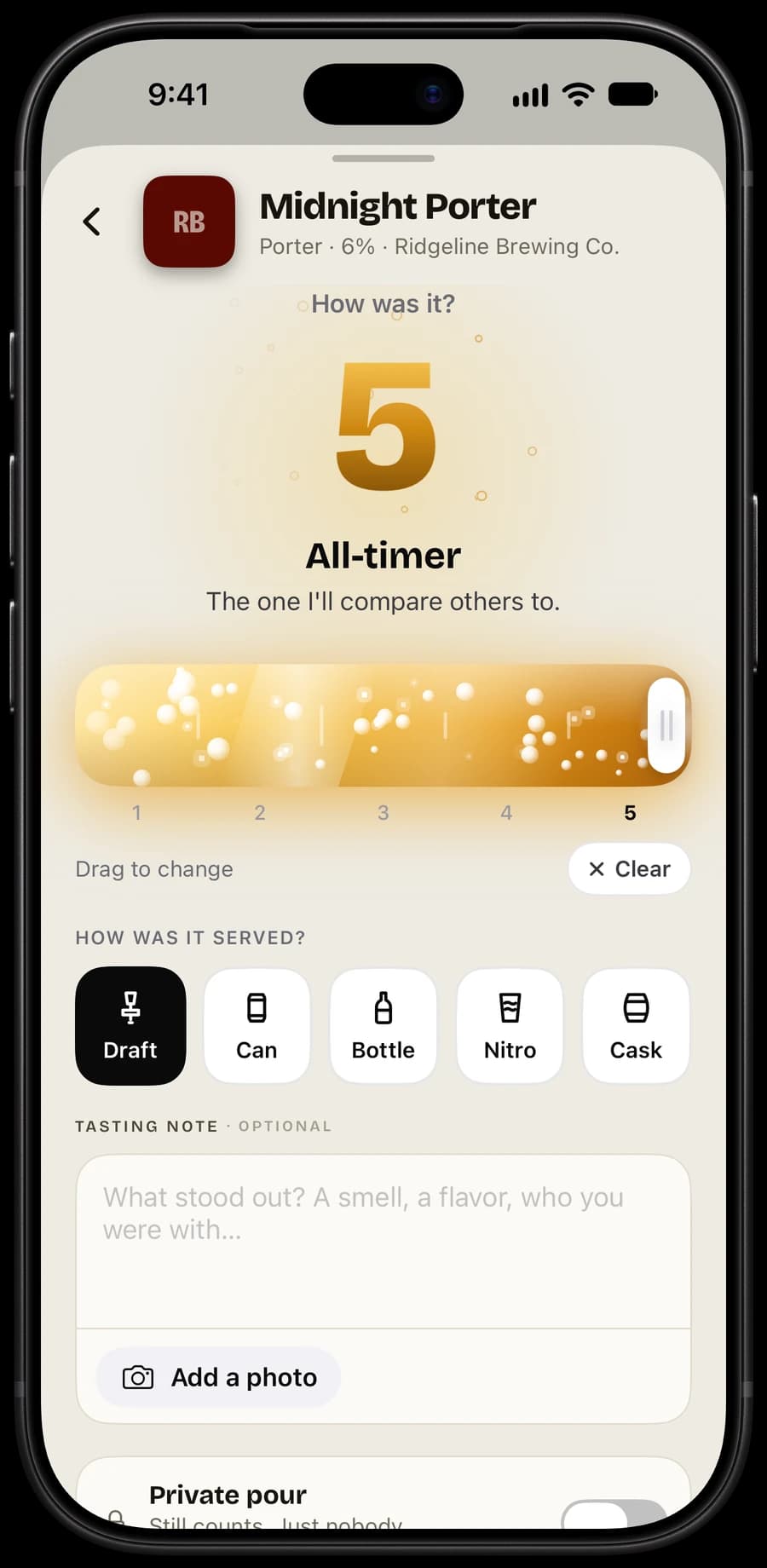Rating Midnight Porter in PintDeck Taste: 5, All-timer, “The one I’ll compare others to.”, served on draft